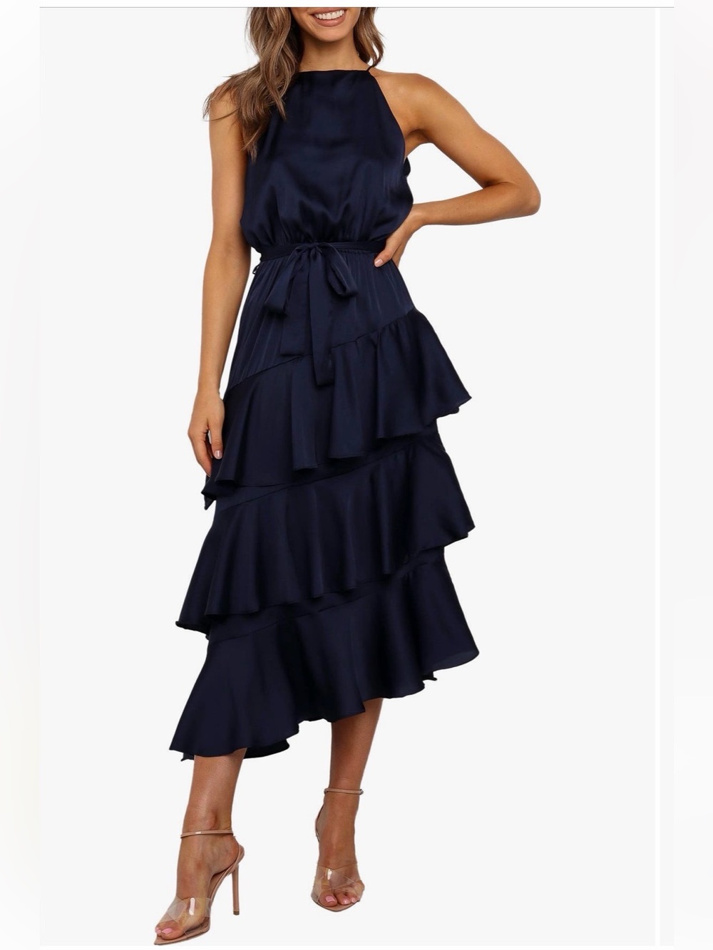 Petal & Pup Seychelle Asymmetric Tiered Midi Dress Navy Size 8 NWT Missing Sash